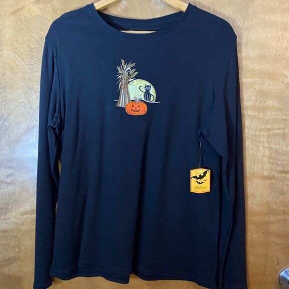 HARVEST Moon Halloween black‎ long sleeve embroidered crew neck cotton tee - Picture 6 of 6